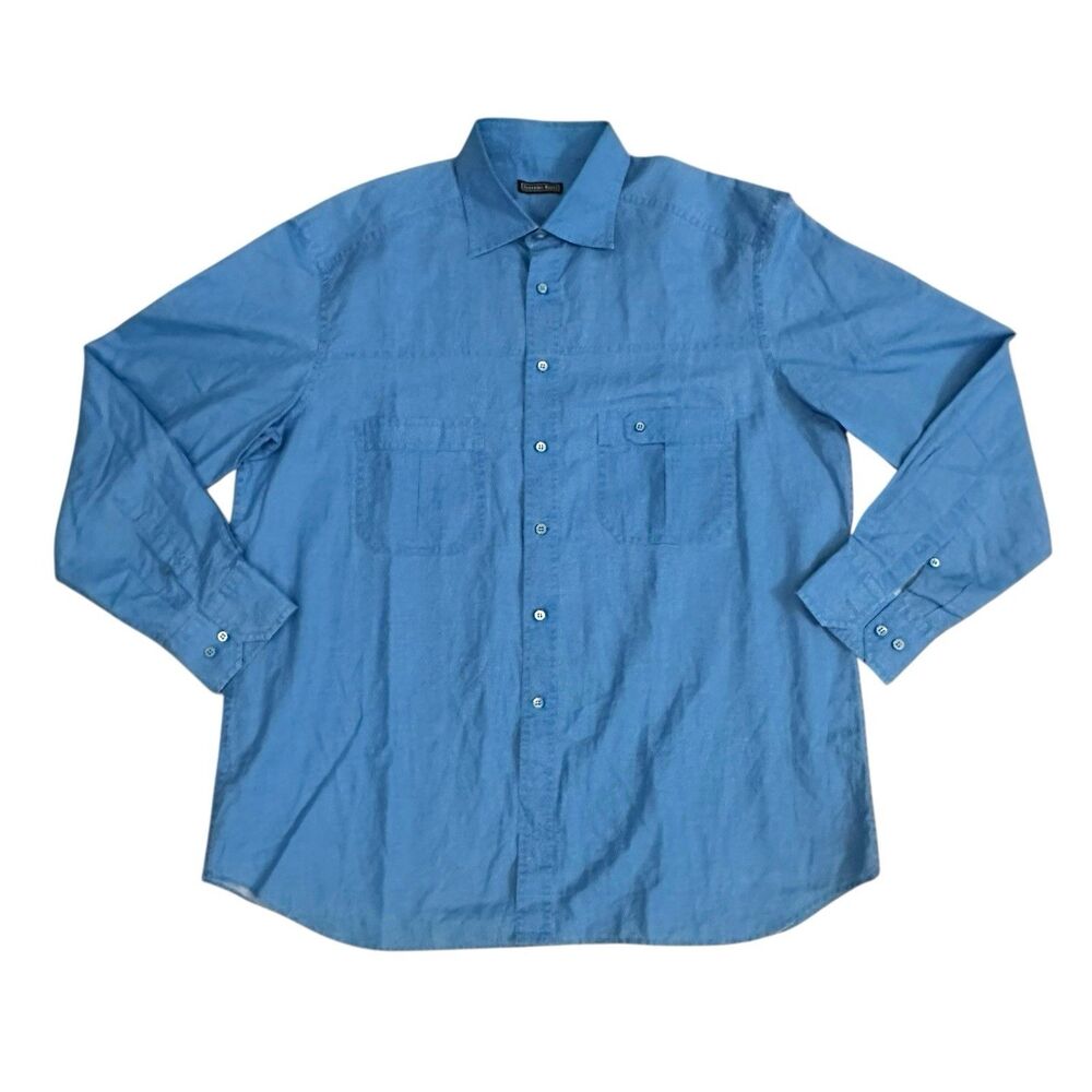 Stefano Ricci Mens XL Blue Linen Blend Button Up Shirt Made in Italy Long Sleeve